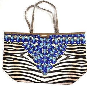 NWOT Stella & Dot Capri Jeweled Zebra Tote Bag Blue Gem Print Weekend Shopper